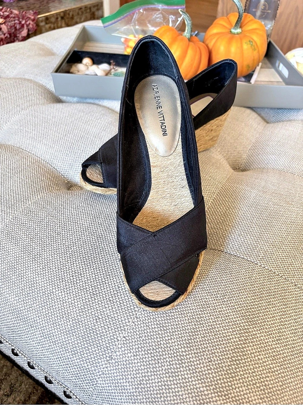 Adrienne Vittadini AV-Baillee Espadrille Wedge Black Wedge Peep Toe